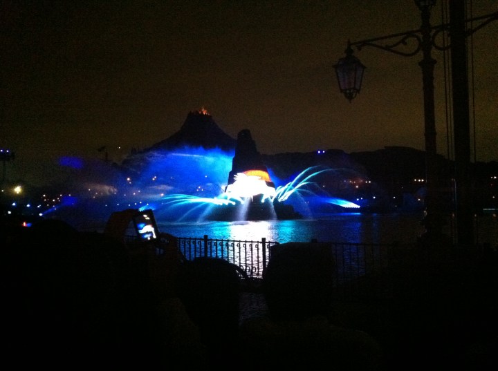 The opening image of Fantasmic. Notice the Sorcerers Hat in the middle that would become a focal point for the show.