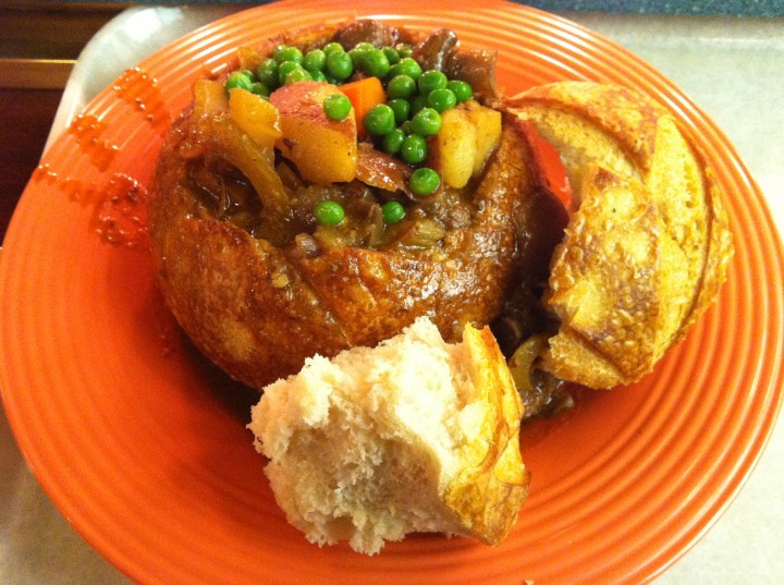 Beef stew in a bread bowl