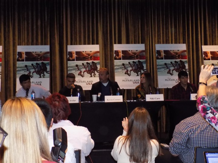 Kevin Costner, director Niki Caro, and some of the cast from McFarland, USA