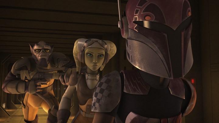 (L to R) Zeb, Hera, and Sabine heading out to rescue their comrades