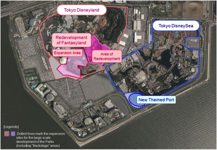Overhead photo of the Tokyo Disney Resort area with highlights of the two expansions