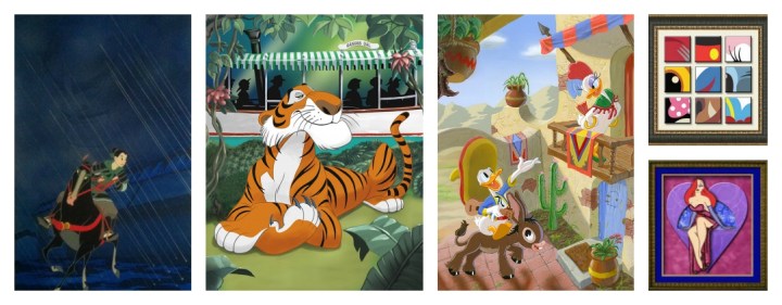 Some of the high-end pieces available in very limited quantities - (L to R) Mulan - Original ($3,200); Shere Nerve - Original ($2,890), Framed Giclee (qty 95 - $395), and Print ($39.95); Hiya Toots - Original ($4,000), Framed Giclee (qty 95 - $395), and Print ($39.95); Iconic Disney! - Original ($2,100); Jessica Rabbit, Paper Sculpture (qty 20 - $775)