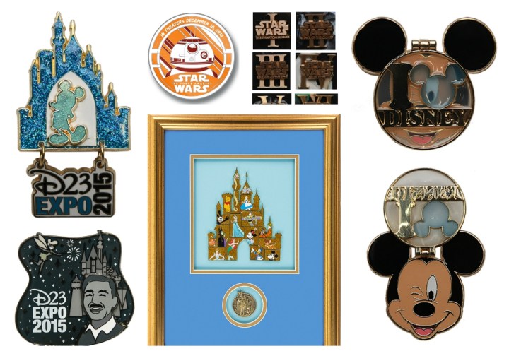 Pins galore at D23 Expo 2015! - (clockwise) D23 Expo 2015 pin limited release; Force for Change BB-8 limited release; Star Wars Title pins LE 500; I 