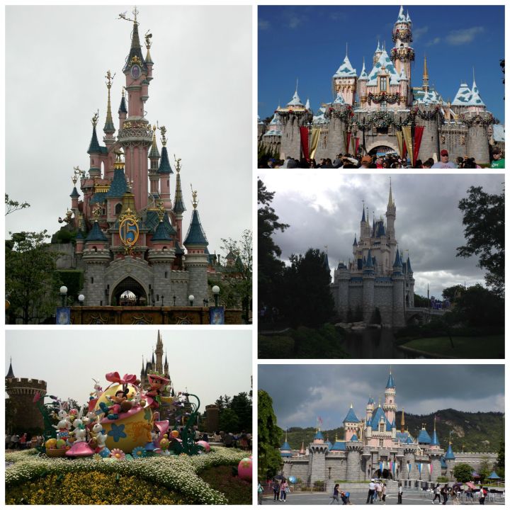 Every Disney castle around the globe - clockwise: Disneyland Paris, Disneyland at Christmas, Walt Disney World, Hong Kong Disneyland, and Tokyo Disneyland