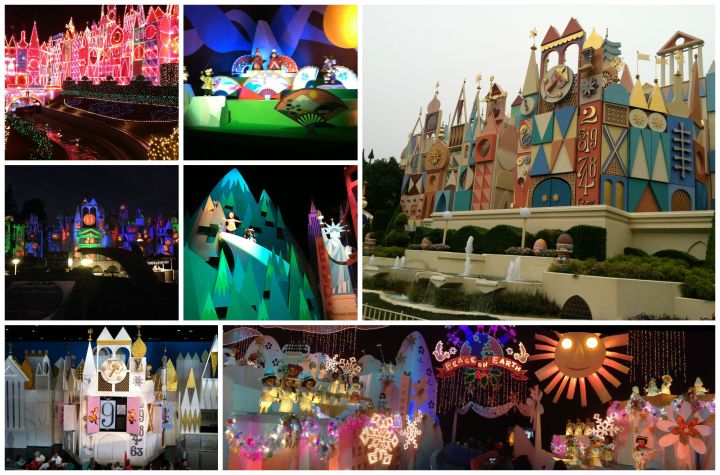 It's A Small World in different incarnations all over the world - L to R: Disneyland at Christmas, Tokyo Disneyland's expanded Japan section, Tokyo Disneyland's facade, Disneyland's Halloween facade, Hong Kong Disneyland's America section, Magic Kingdom's interior facade, the finale of It's A Small World Holiday at Disneyland