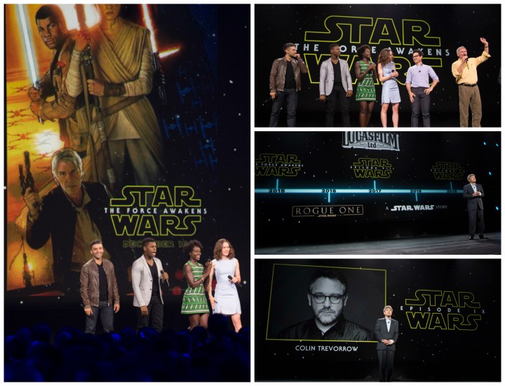 Clockwise from L: Reveal of new Drew Struzan poster for The Force Awakens; Cast of The Force Awakens including Harrison Ford; the Star Wars slate of movies; reveal that Colin Trevorrow will be directing Episode IX