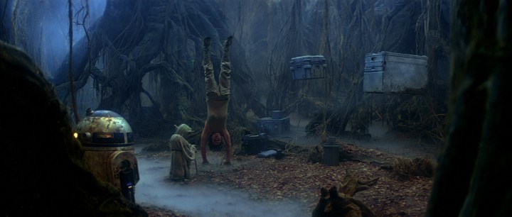 Luke in training on the planet of Dagobah