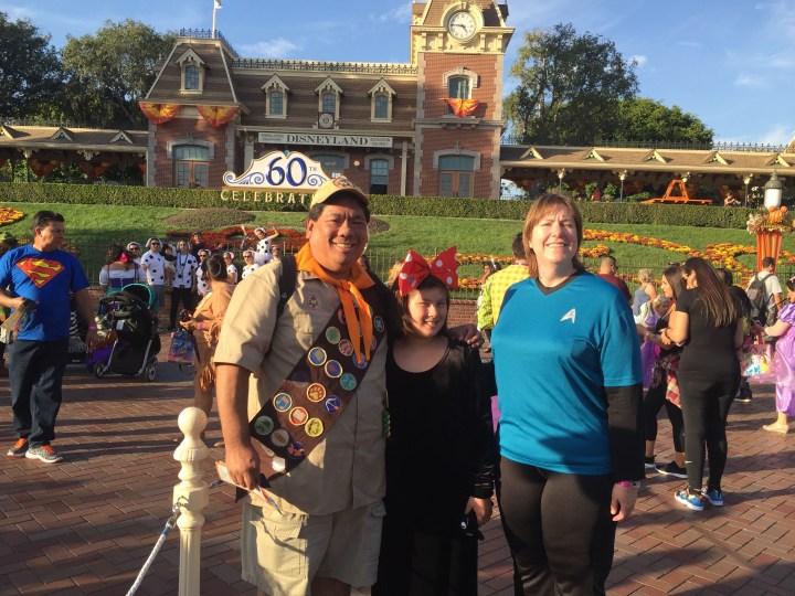 Our family at this year's Mickey's Halloween Party - (L to R) me as Russell from UP, Emma as Kiki from Kiki's Delivery Service, and Cassie as a science officer from Star Trek
