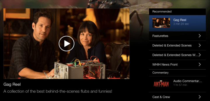 Screen shot of bonus features as shown on Apple iTunes