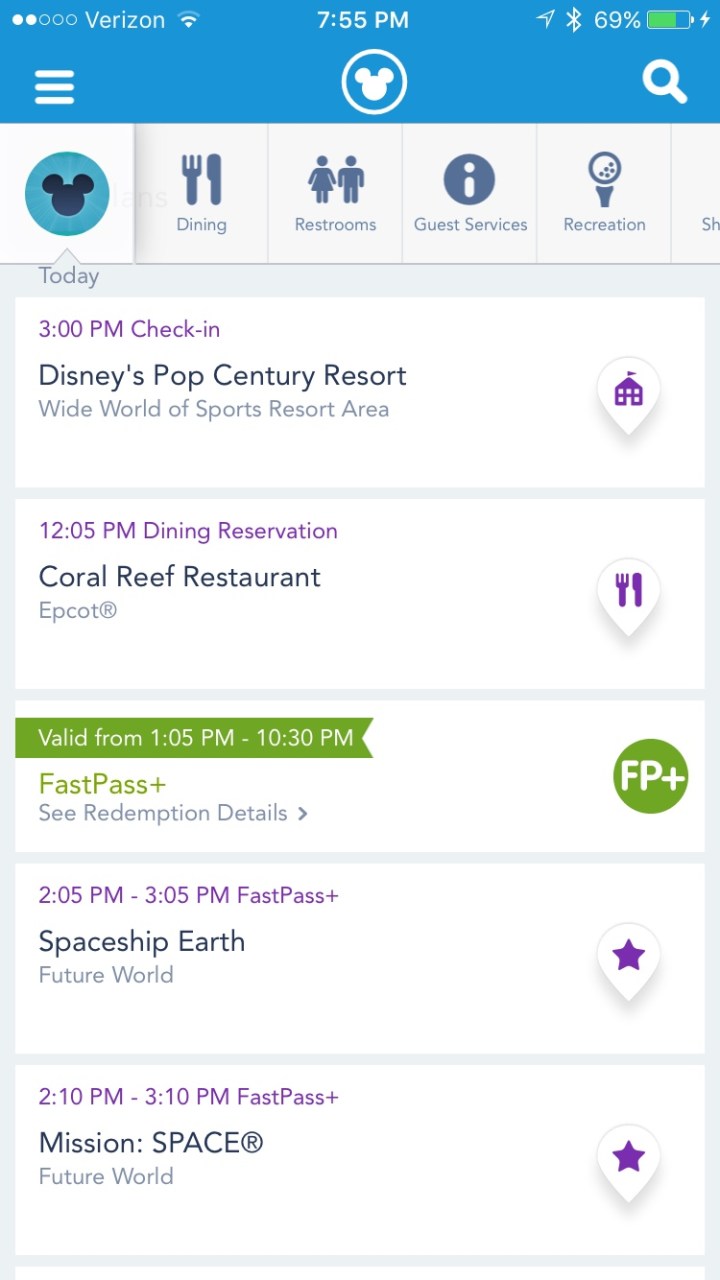 Sample image of the home page of your My Disney Experience app - doesn't even begin to show you all the neat things it can do