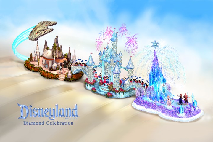 DISNEYLAND RESORT DIAMOND CELEBRATION TO DAZZLE AT 2016 ROSE PARADE (December 2, 2015) The magic of the Disneyland Resort Diamond Celebration will come to life in the Rose Parade, broadcast live from Pasadena, Calif., on January 1, 2016. This year's parade theme is "Find Your Adventure," and the Disneyland Resort will celebrate 60 dazzling years with a float honoring some of the exciting adventures that await guests at the Happiest Place on Earth. A sparkling recreation of Sleeping Beauty Castle sits at the heart of the float, with Mickey Mouse and Minnie Mouse welcoming guests to the Disneyland Resort Diamond Celebration. Flanking the castle are two adventures that are brought to life at the Disneyland Resort. The first comes from the world of Frozen, featuring Elsa's ice castle accompanied by Anna, Elsa, Olaf and Kristoff. Then, the float travels to a galaxy far, far away for a thrilling adventure dedicated to the Star Wars films and exciting new Star Wars experiences at Disneyland park. (Disney Parks)