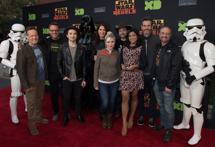 STAR WARS REBELS - The cast and creative team of Disney XD's popular animated saga "Star Wars Rebels" attend a screening of the highly anticipated season two finale on MONDAY, MARCH 28 at the Walt Disney Studios Main Theatre in Burbank, California. The shocking "Star Wars Rebels" one-hour season two finale airs WEDNESDAY, MARCH 30 (9:00 p.m. ET) on Disney XD. (Disney XD/Todd Wawrychuk) STORMTROOPER, DEE BRADLEY BAKER, STEVE BLUM, TAYLOR GRAY, DARTH VADER, VANESSA MARSHALL, ASHLEY ECKSTEIN, DAVE FILONI (EXECUTIVE PRODUCER), TIYA SIRCAR, SIMON KINBERG (EXECUTIVE PRODUCER), HENRY GILROY, STORMTROOPER