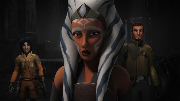 Ahsoka, Kanan, and Ezra following a lead by Yoda in the season 2 finale