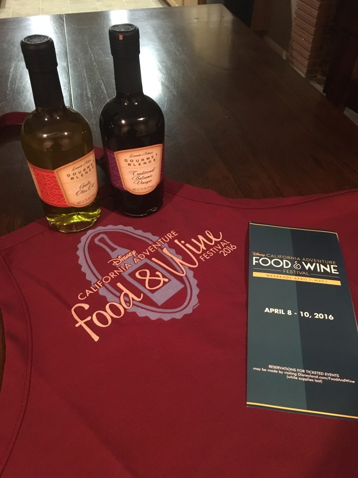 The cool apron I picked up at the Food and Wine Festival at Disney California Adventure along with the aged balsamic vinegar and garlic olive oil from one of the vendors