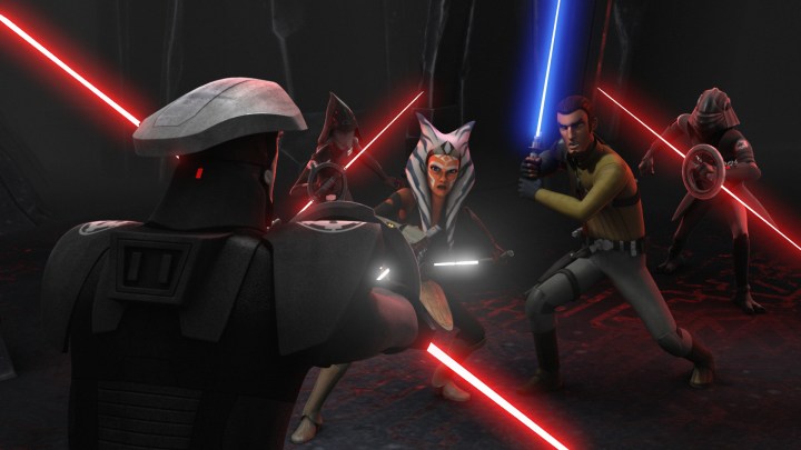 Kanan and Ahsoka facing off against three Inquisitors