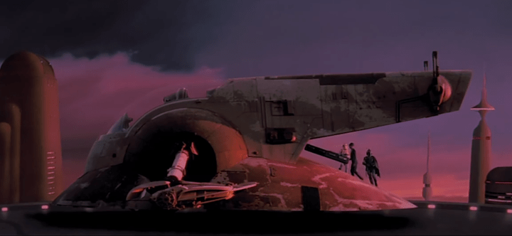 Han frozen in carbonite being loaded into Boba Fett's ship, Slave I