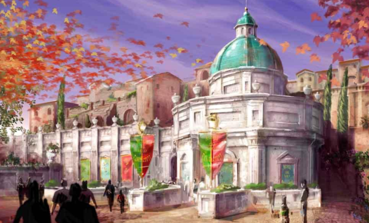 The exterior of the Soarin' attraction in Mediterranean Harbor