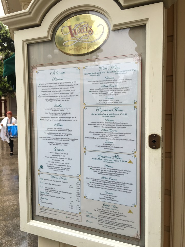 Walt's Restaurant menu including some delicious looking prix fixe options