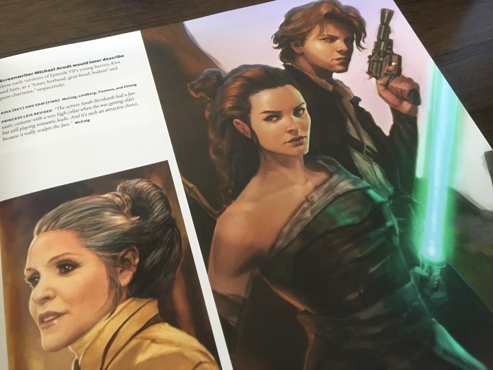 "Kira" and "Sam" before their transformations into Rey and Finn alongside one version of Leia