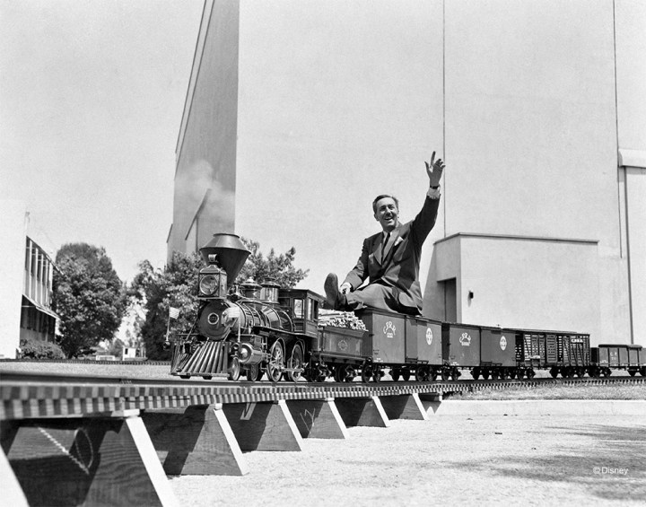 Walt Disney aboard his Carolwood Pacific Railroad, seen here set up at The Walt Disney Studios in the spring of 1951 prior to it's installation at Walt's Carolwood Drive home in Holmby Hills, California.