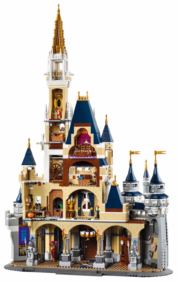 A built LEGO Disney Castle with the rooms revealed from the rear
