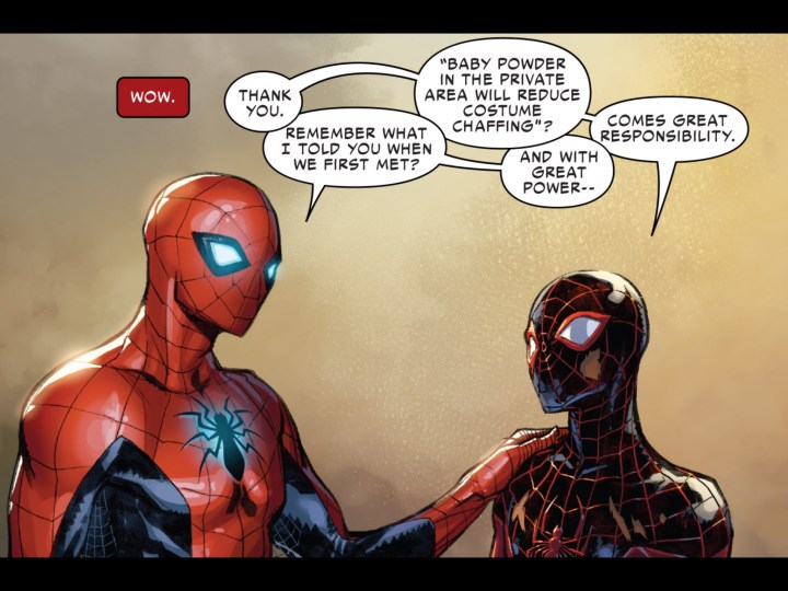 A bit of mentoring by the original Spider-Man to young Miles Morales