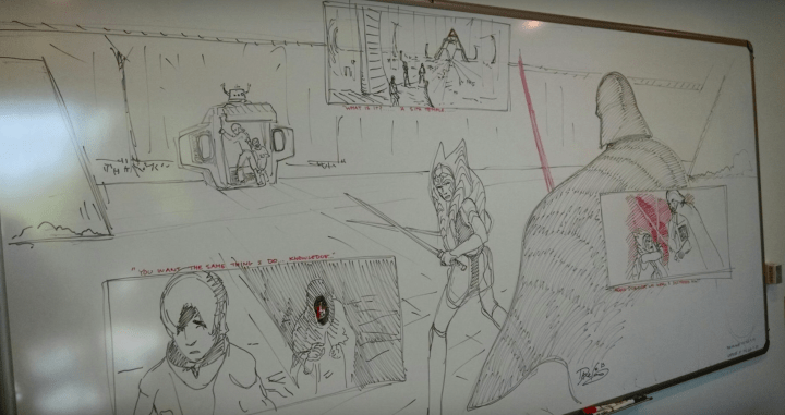The white board at Star Wars Rebels headquarters with Dave's original drawings