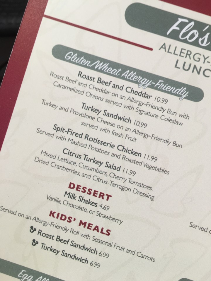 Flo's V8 Cafe like most Disney restaurants has an easily accessible allergy friendly menu. I haven't been to a Disney restaurant that doesn't have one.