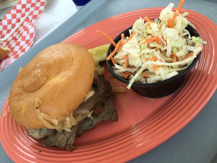 The yummy roast beef and cheddar sandwich with some pretty delicious cole slaw - more vinegar than mayo based