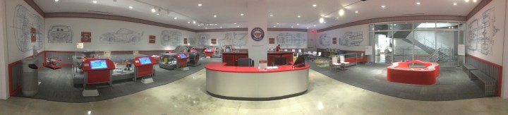 A panoramic view of the Cars Institute in the Petersen Automotive Museum