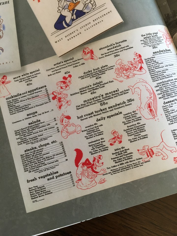 The first daily menu from the Walt Disney Studios Restaurant - can't believe you could get an entire fish platter for 55 cents!  Love the artwork even on the menu