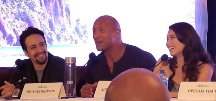 (L to R) Lin Manuel-Miranda, Dwayne Johnson, and Auli'i Cravalho sharing stories at the Moana press conference