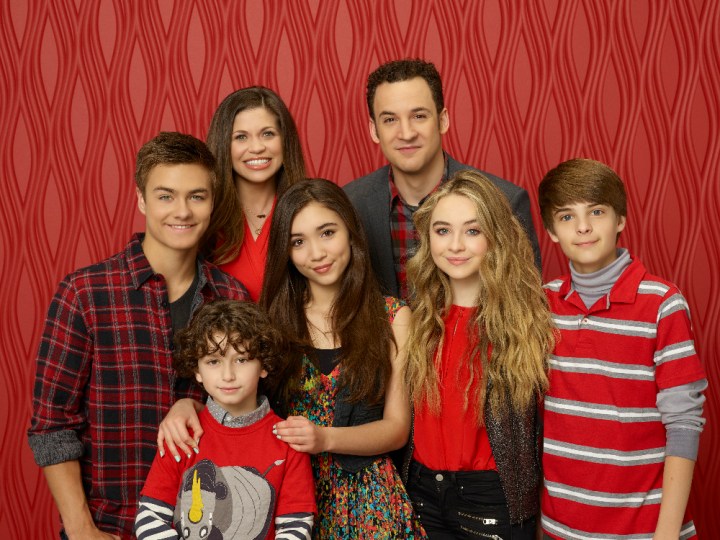GIRL MEETS WORLD - Disney Channel's "Girl Meets World" stars Peyton Meyer as Lucas Friar, August Maturo as Auggie Matthews, Danielle Fishel as Topanga Matthews, Rowan Blanchard as Riley Matthews, Ben Savage as Cory Matthews, Sabrina Carpenter as Maya Hart and Corey Fogelmanis as Farkle. (Disney Channel/Bob D'Amico)