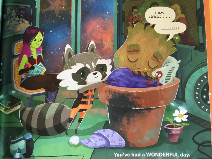 After a long heroic day, Groot goes to bed. Love the Spider Man doll he is hugging